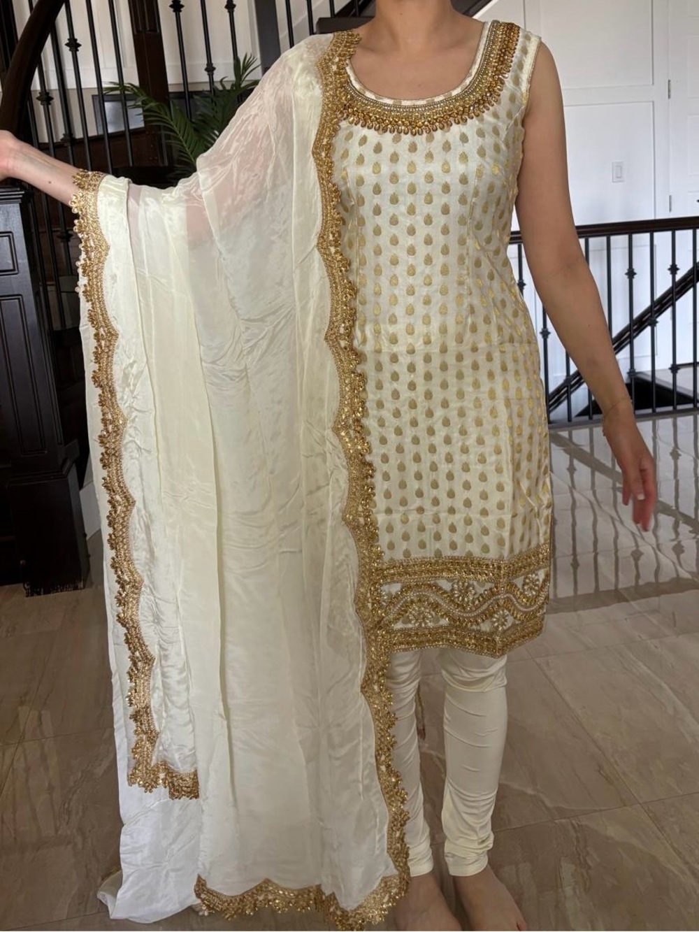 Women’s Ivory and Gold Embellished Salwar Kameez Dress